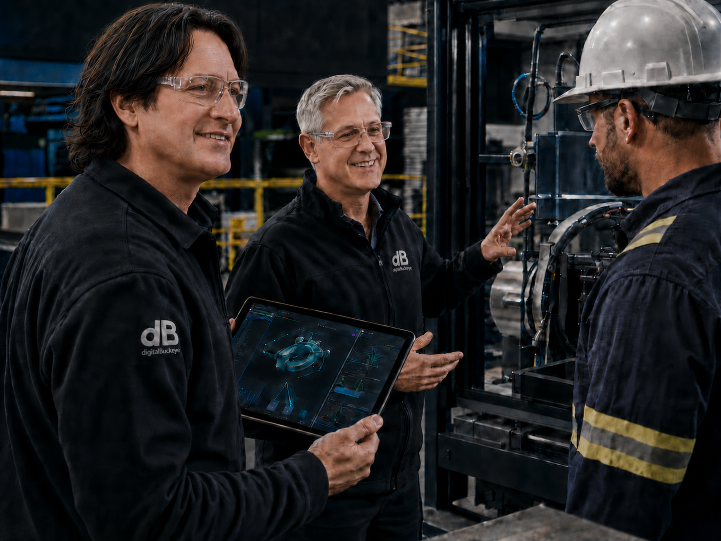 Digital Buckeye representatives discussing industrial equipment and software with a worker