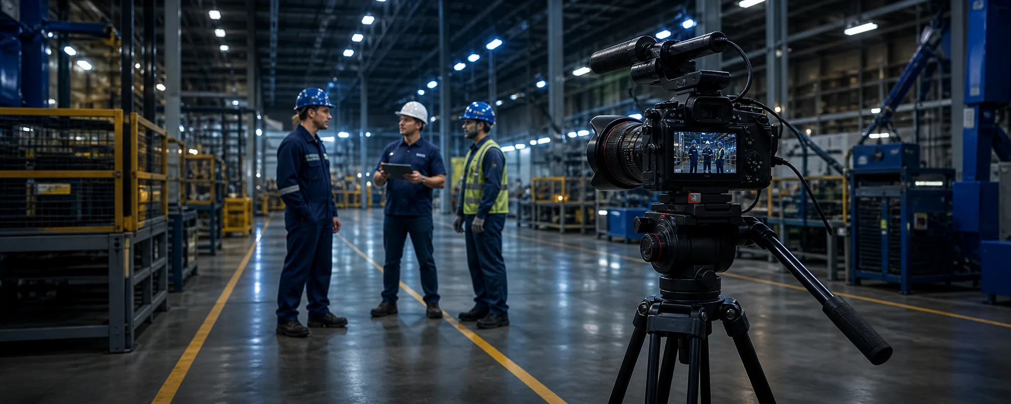 Camera filming employees in an industrial training environment